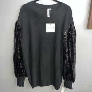 Elegant Black Sequin Sleeve Crew Neck Sweater